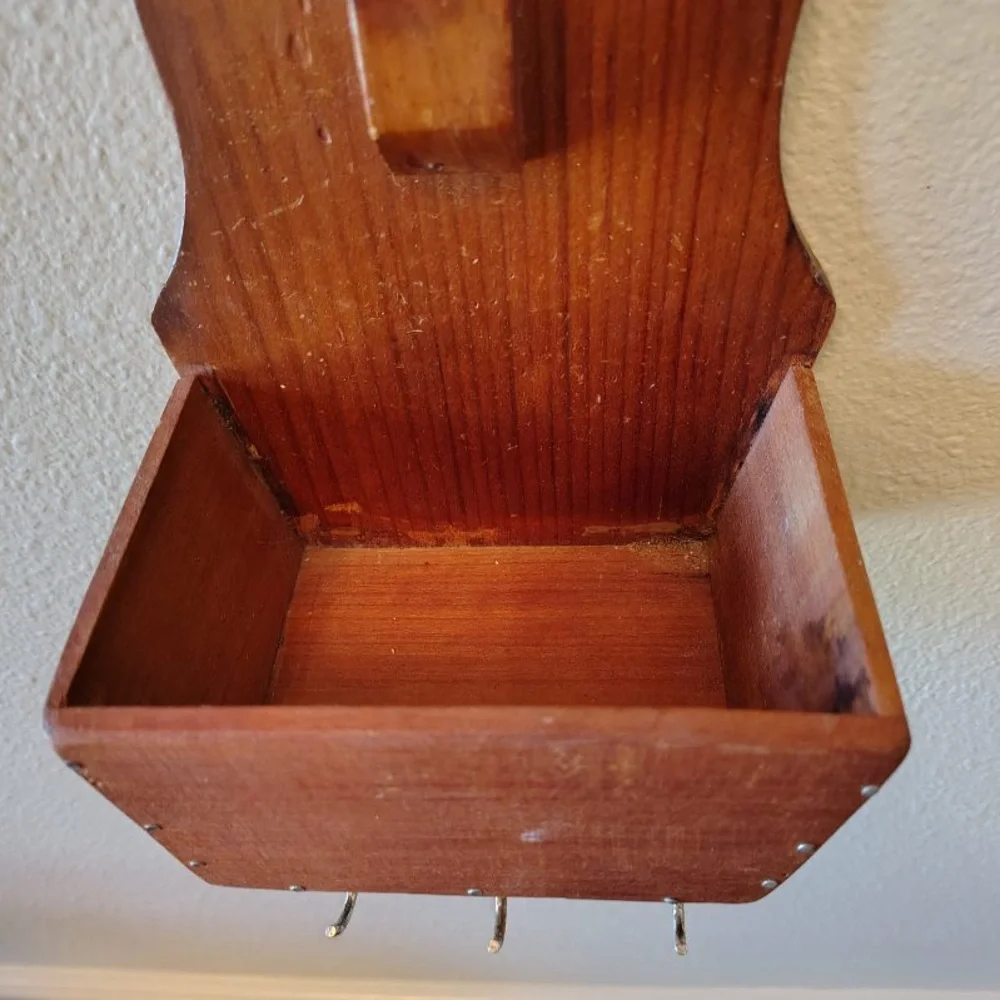 Vtg Wooden Mail Holder Sorter Letter Holder MCM Wall Mount W/ Brass Key Hooks